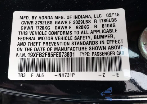 2015 Honda Civic Ex from USA, damaged, VIN 19XFB2F85FE073801
